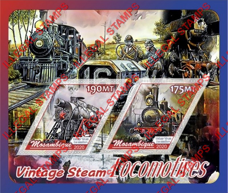  Mozambique 2020 Vintage Steam Locomotives Counterfeit Illegal Stamp Souvenir Sheet of 2