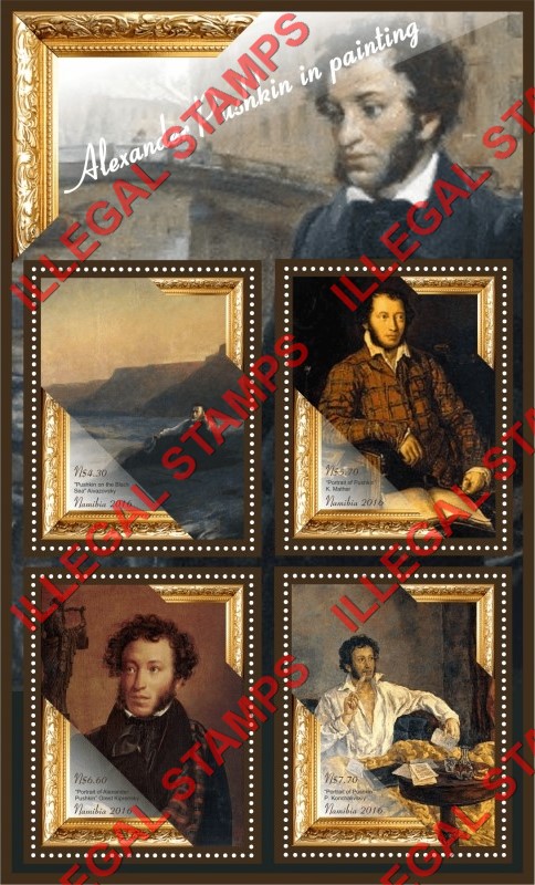 Namibia 2016 Alexander Pushkin in Paintings Illegal Stamp Souvenir Sheet of 4