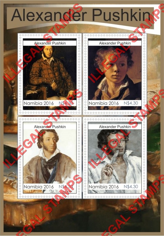 Namibia 2016 Alexander Pushkin Illegal Stamp Souvenir Sheet of 4