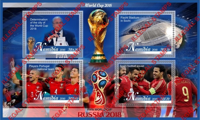 Namibia 2016 FIFA World Cup Soccer in Russia in 2018 Illegal Stamp Souvenir Sheet of 4