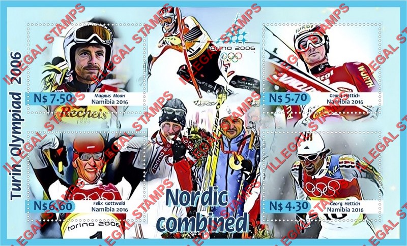 Namibia 2016 Olympic Games in Turin Torino in 2006 Nordic Combined Illegal Stamp Souvenir Sheet of 4