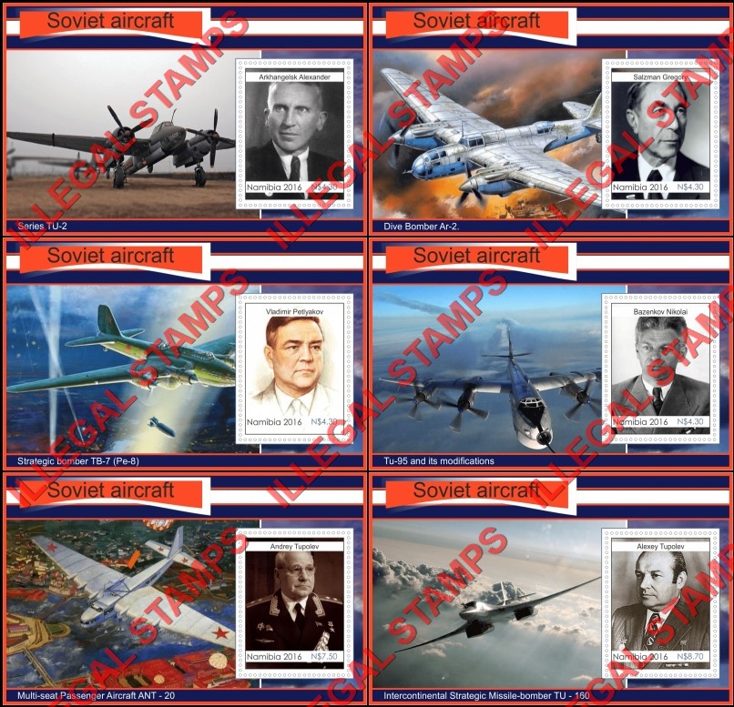 Namibia 2016 Soviet Aircraft Designers Illegal Stamp Souvenir Sheets of 1