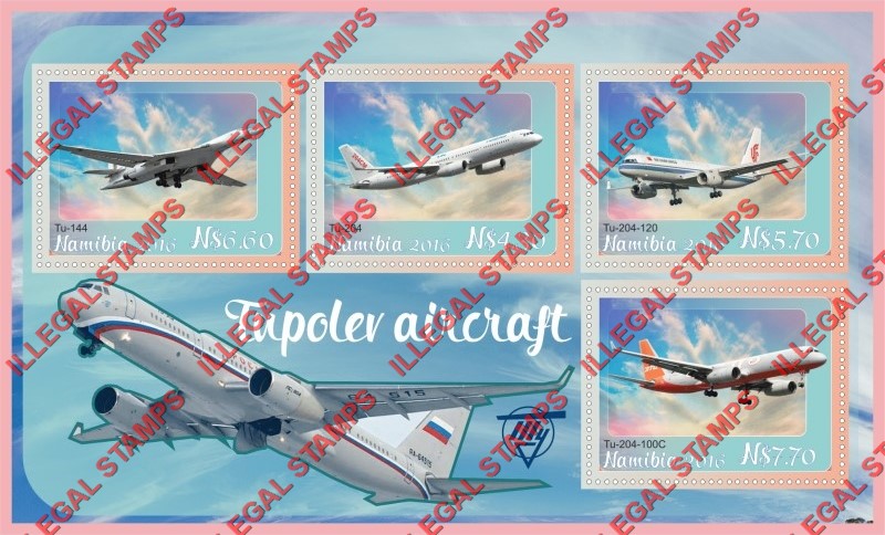 Namibia 2016 Tupolev Aircraft Illegal Stamp Souvenir Sheet of 4