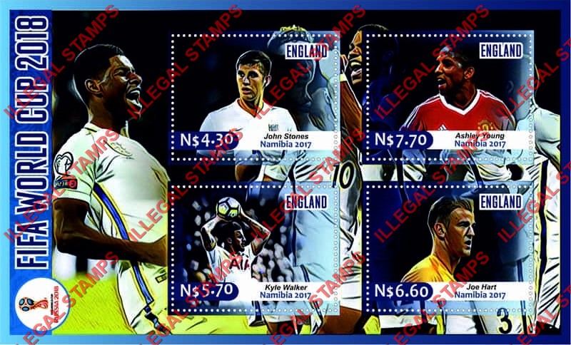 Namibia 2017 FIFA World Cup Soccer in Russia in 2018 England Players Illegal Stamp Souvenir Sheet of 4
