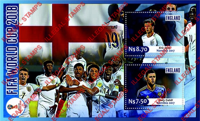 Namibia 2017 FIFA World Cup Soccer in Russia in 2018 England Players Illegal Stamp Souvenir Sheet of 2
