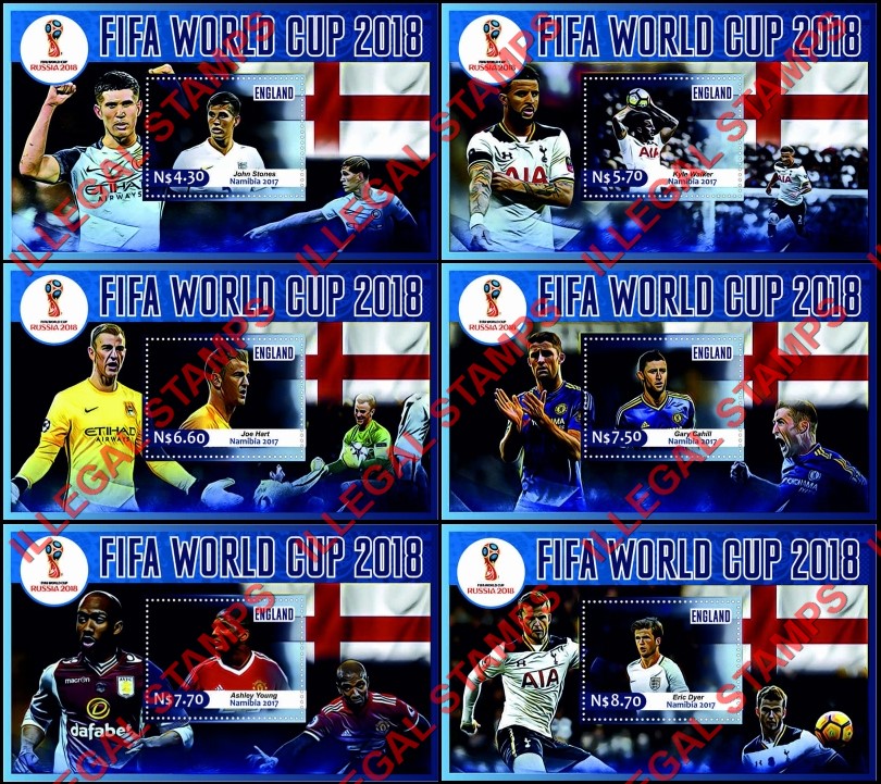 Namibia 2017 FIFA World Cup Soccer in Russia in 2018 England Players Illegal Stamp Souvenir Sheets of 1