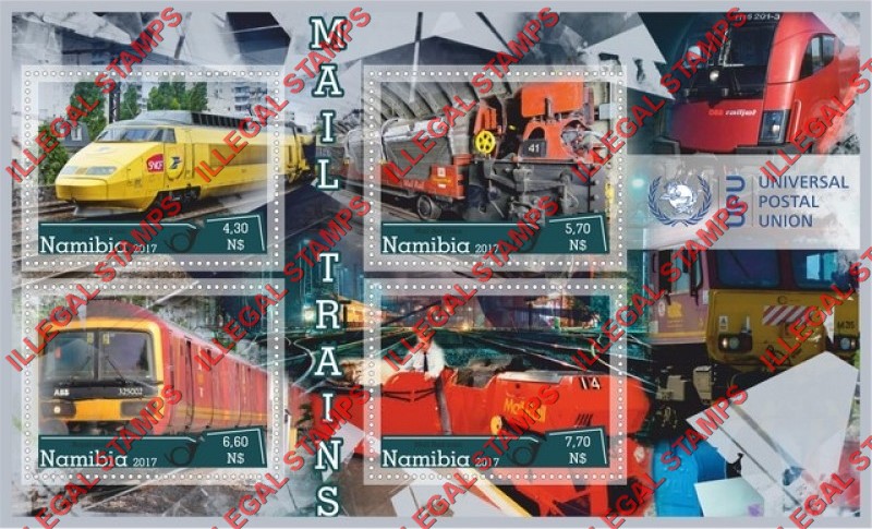 Namibia 2017 Mail Trains Universal Postal Union UPU Illegal Stamp Souvenir Sheet of 4