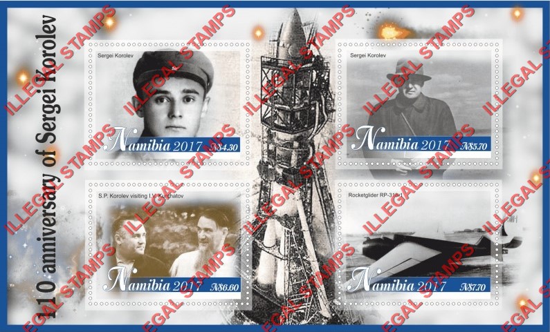 Namibia 2017 Space Sergei Korolev Illegal Stamp Souvenir Sheet of 4
