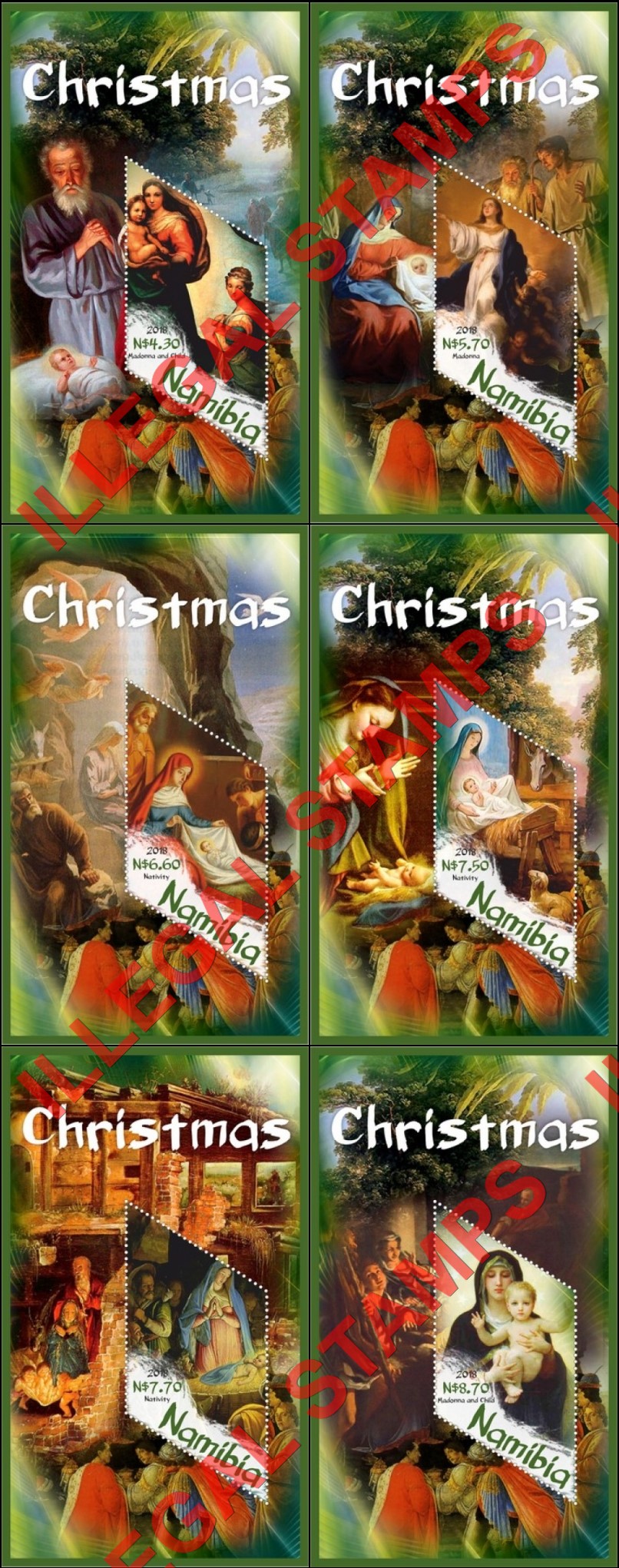 Namibia 2018 Christmas Paintings Illegal Stamp Souvenir Sheets of 1