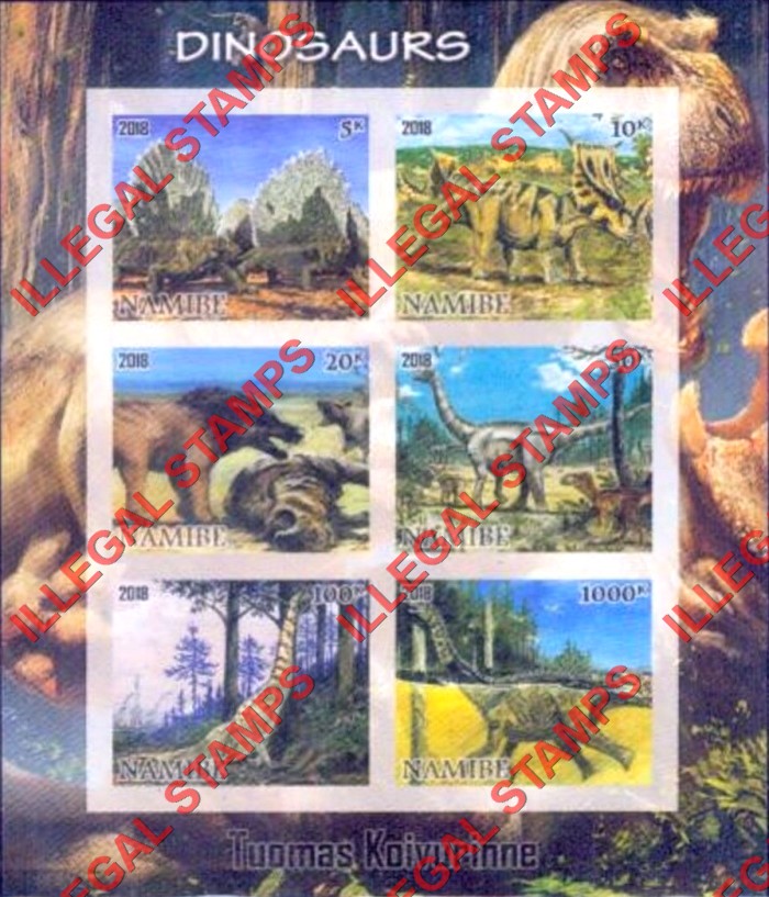 Namibia 2018 Dinosaurs Illegal Stamp Souvenir Sheet of 6 Inscribed NAMIBE (Sheet 1)