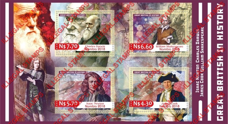 Namibia 2018 Great British People in History Illegal Stamp Souvenir Sheet of 4