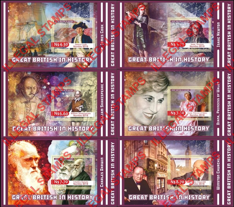 Namibia 2018 Great British People in History Illegal Stamp Souvenir Sheets of 1