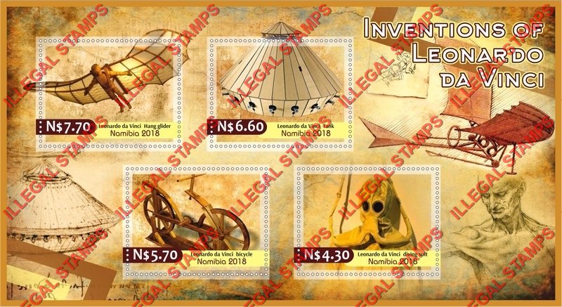 Namibia 2018 Inventions of Leonardo da Vinci Illegal Stamp Souvenir Sheet of 4