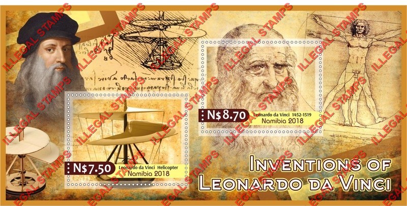 Namibia 2018 Inventions of Leonardo da Vinci Illegal Stamp Souvenir Sheet of 2