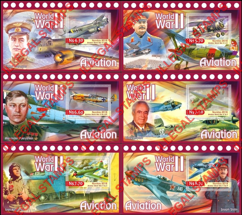 Namibia 2018 Military Aviation of World War II (different) Illegal Stamp Souvenir Sheets of 1