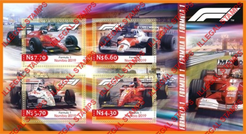 Namibia 2019 Formula I Race Cars Illegal Stamp Souvenir Sheet of 4