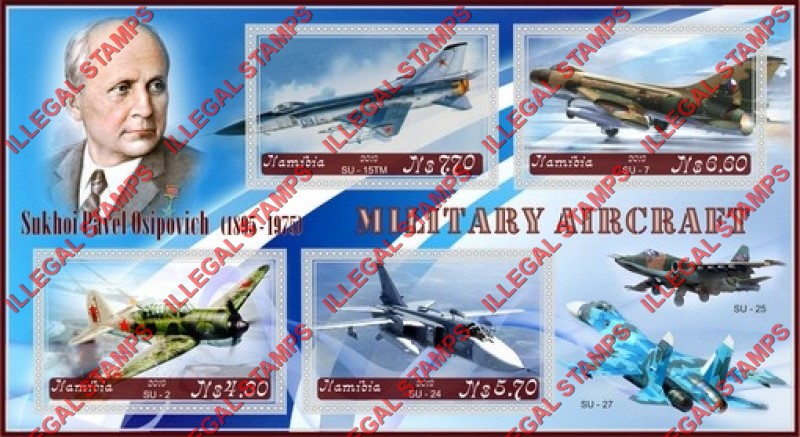 Namibia 2019 Military Aircraft Sukhoi Pavel Osipovich Illegal Stamp Souvenir Sheet of 4