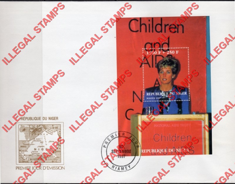 Niger 1997 Princess Diana Children and AIDS Souvenir Sheet of 1 on Fake First Day Cover