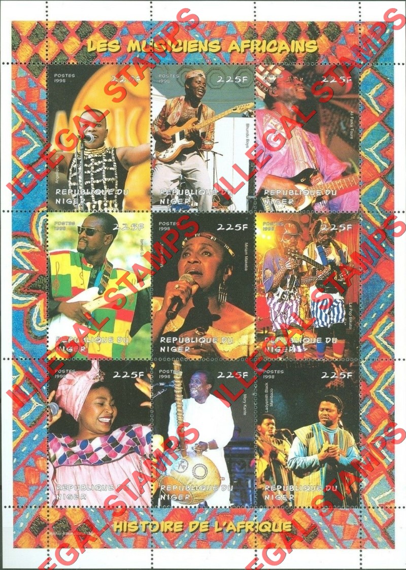 Niger 1998 African Music History of Africa Illegal Stamp Souvenir Sheet of 9