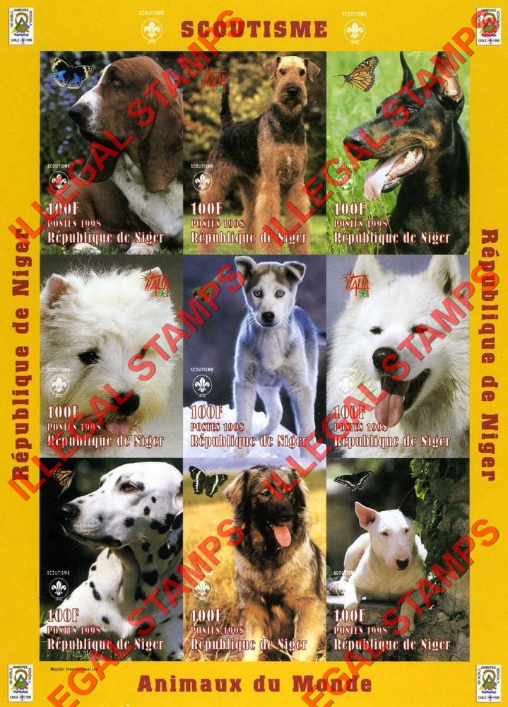 Niger 1998 Dogs with Scouts Logo Illegal Stamp Souvenir Sheet of 9