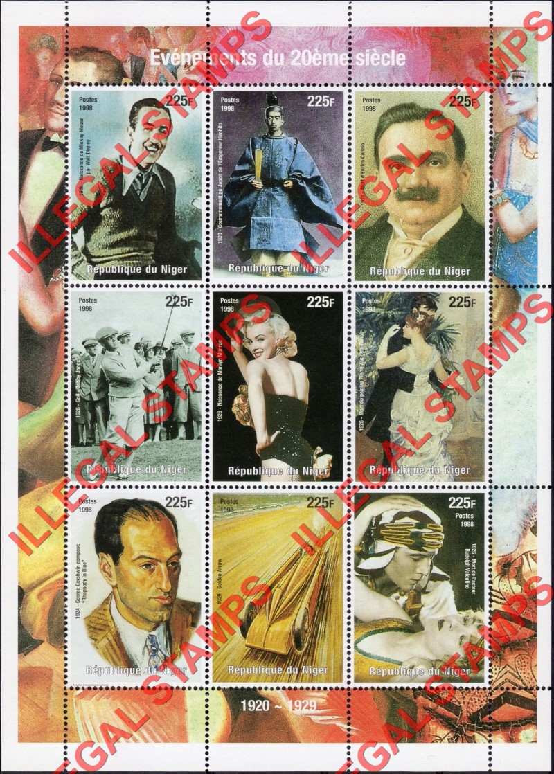 Niger 1998 Events of the 20th Century 225F Illegal Stamp Souvenir Sheets of 9 (Sheet 3)