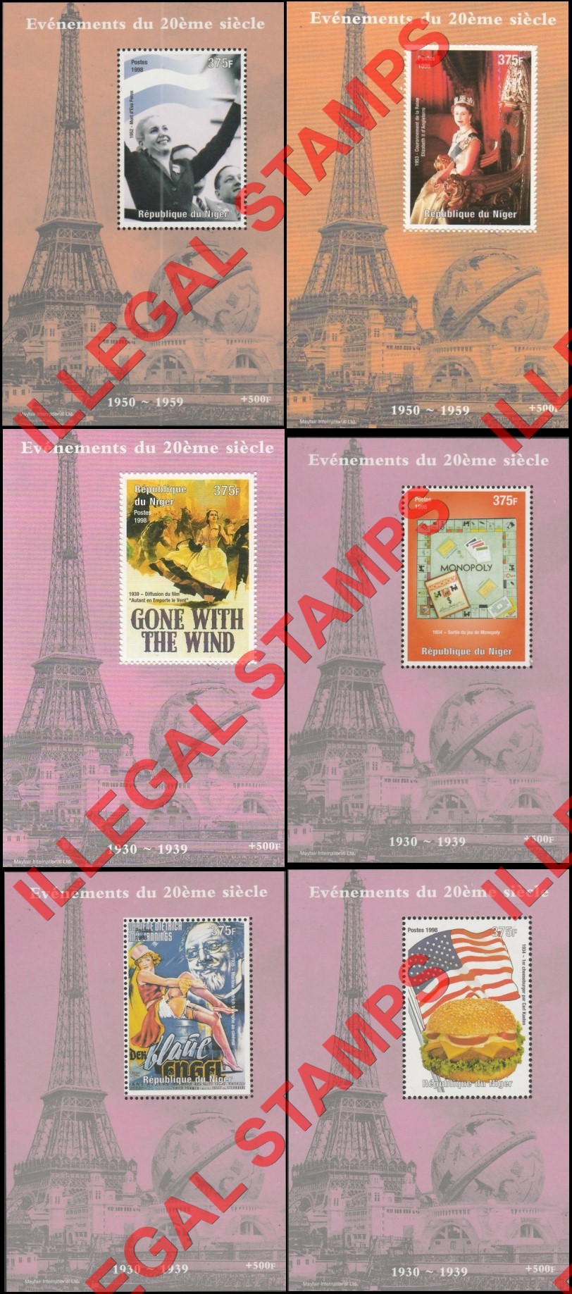 Niger 1998 Events of the 20th Century 375F Illegal Stamp Souvenir Sheets of 1 Examples