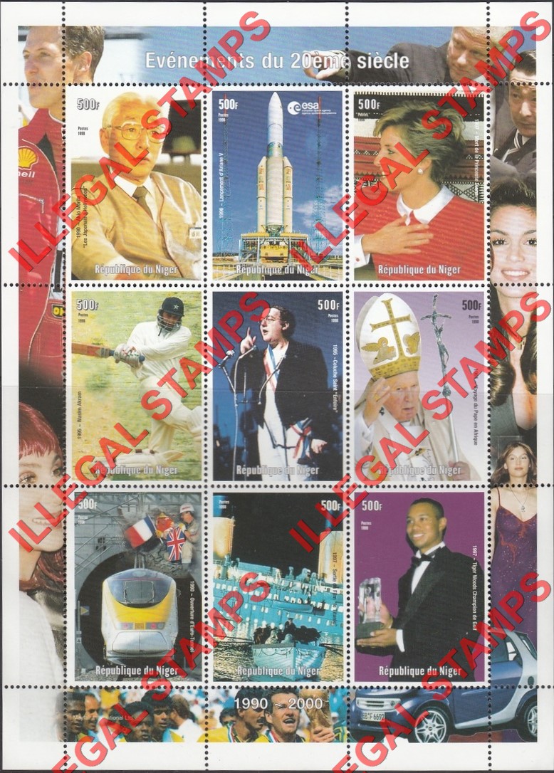 Niger 1998 Events of the 20th Century 500F Illegal Stamp Souvenir Sheets of 9 (Sheet 4)