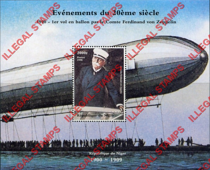 Niger 1998 Events of the 20th Century Ferdinand von Zeppelin 2000F Illegal Stamp Souvenir Sheets of 1