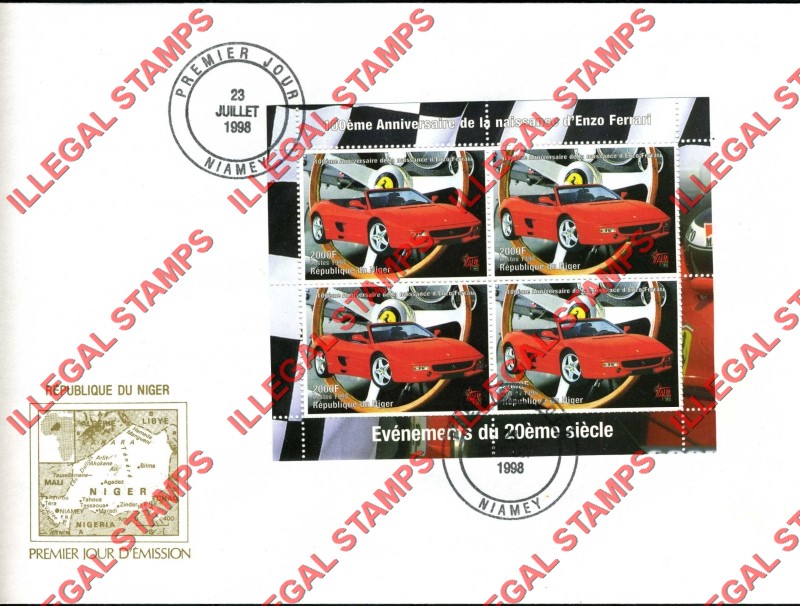 Niger 1998 Ferrari Illegal Stamp Souvenir Sheet of 4 on Fake First Day Cover