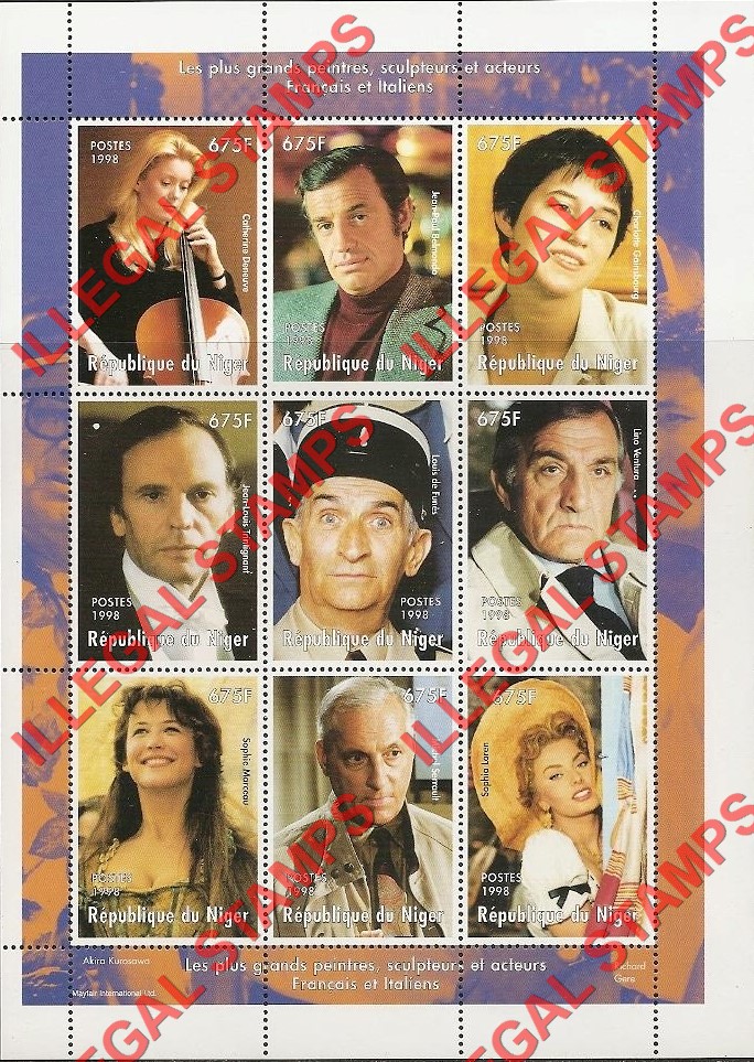 Niger 1998 French and Italian Performers Illegal Stamp Souvenir Sheet of 9