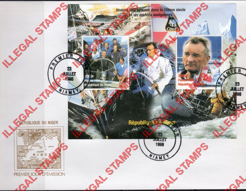 Niger 1998 History of Boats in the 20th Century and the Ancient Navigators Eric Tabarly Illegal Stamp Souvenir Sheet of 2 on Fake First Day Cover