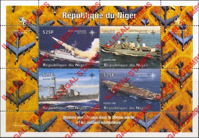 Niger 1998 History of Boats in the 20th Century and the Ancient Navigators 525fr Naval Ships with NATO Logo Illegal Stamp Souvenir Sheet of 4