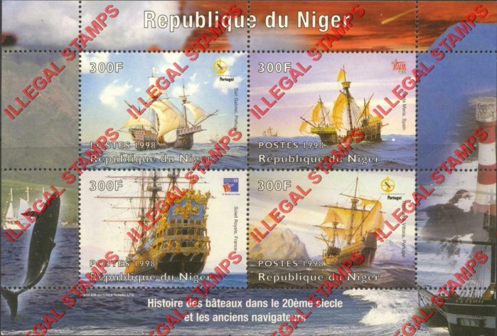Niger 1998 History of Boats in the 20th Century and the Ancient Navigators 300fr Famous Sailing Ships Illegal Stamp Souvenir Sheet of 4