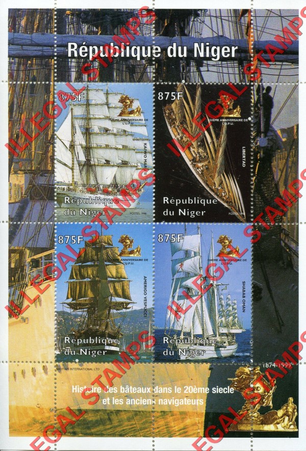 Niger 1998 History of Boats in the 20th Century and the Ancient Navigators 875fr Sailing Ships with UPU Logo Illegal Stamp Souvenir Sheet of 4