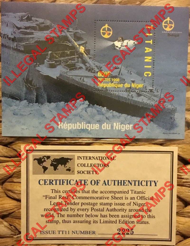 Niger 1998 Titanic Illegal Stamp Souvenir Sheet of 1 with PORTUGAL '98 Logo with Bogus Certificate of Authenticity
