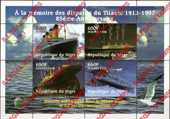 Niger 1998 History of Boats in the 20th Century and the Ancient Navigators 650fr Titanic Illegal Stamp Souvenir Sheet of 4