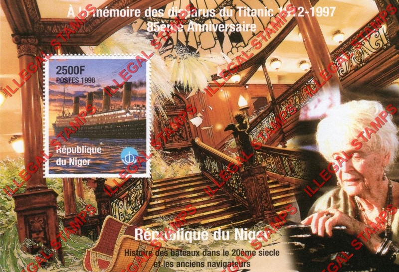 Niger 1998 History of Boats in the 20th Century and the Ancient Navigators 2500fr Titanic Illegal Stamp Souvenir Sheet of 1