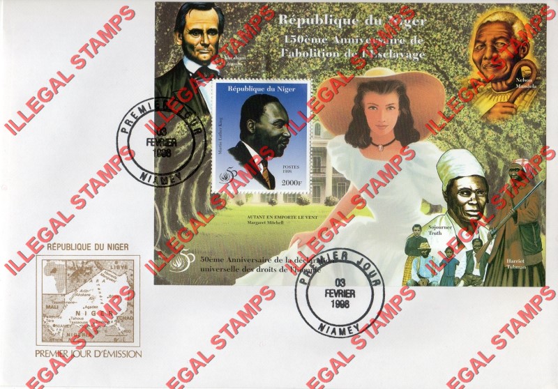Niger 1998 Martin Luther King Abolition of Slavery Illegal Stamp Souvenir Sheet of 1 on Fake First Day Cover