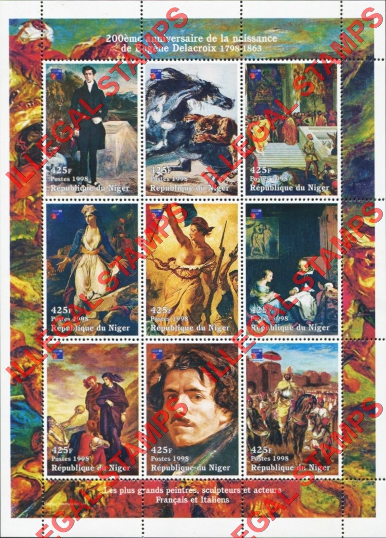 Niger 1998 Paintings by Eugene Delacroix Illegal Stamp Souvenir Sheet of 9