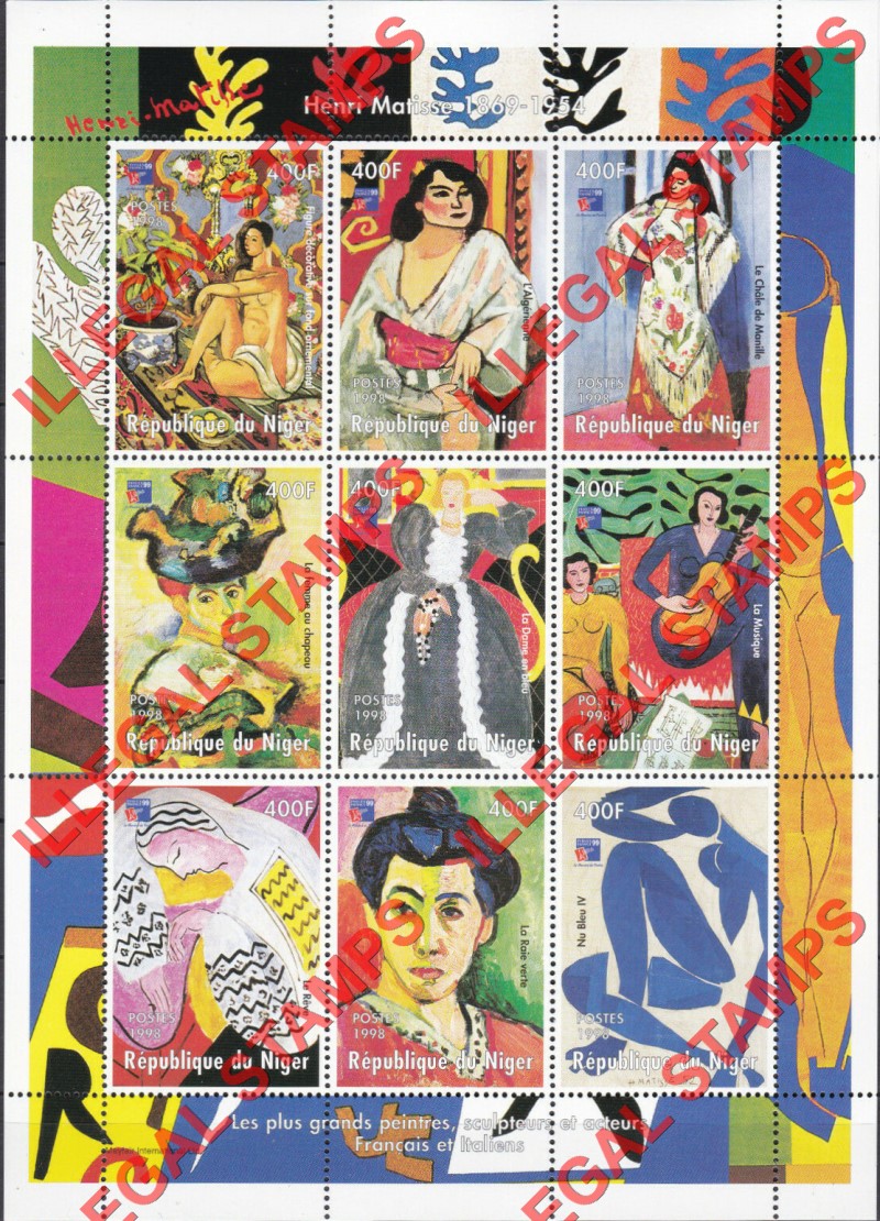 Niger 1998 Paintings by Henri Matisse Illegal Stamp Souvenir Sheet of 9