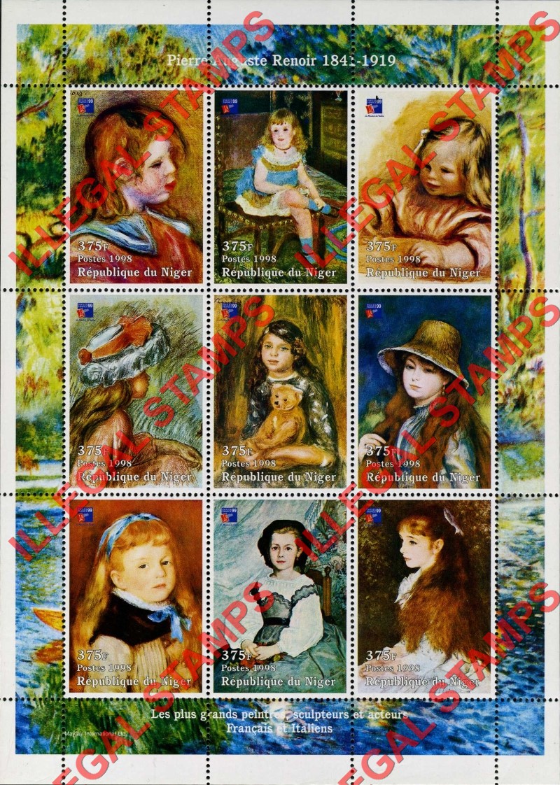 Niger 1998 Paintings by Pierre Auguste Renoir Illegal Stamp Souvenir Sheet of 9