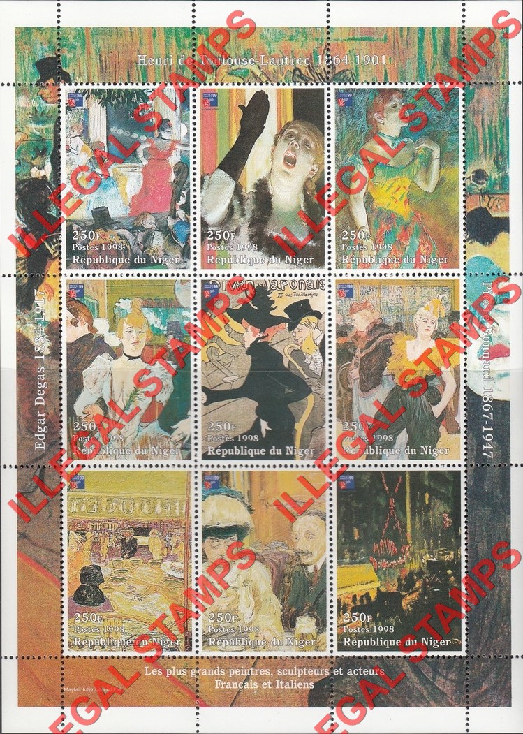 Niger 1998 Paintings by Toulouse-Lautrec Illegal Stamp Souvenir Sheet of 9
