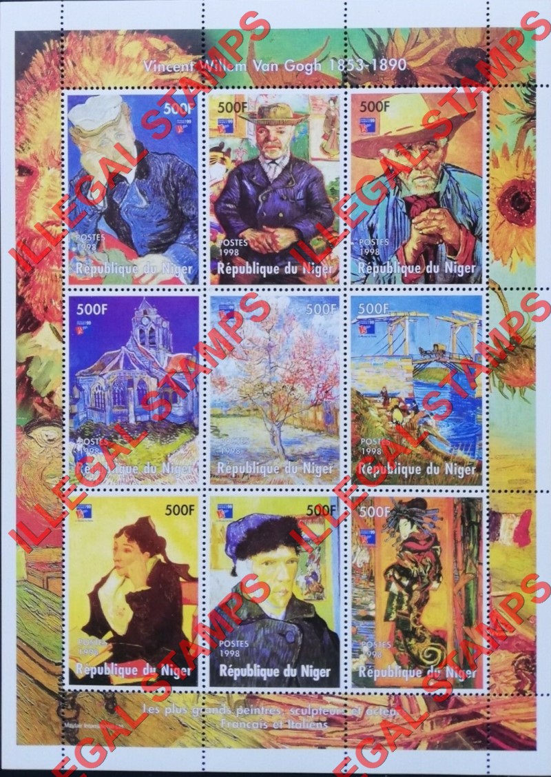 Niger 1998 Paintings by Vincent Van Gogh Illegal Stamp Souvenir Sheet of 9