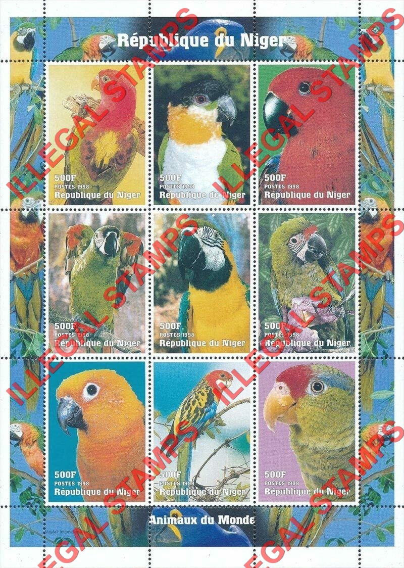 Niger 1998 Parrots Illegal Stamp Souvenir Sheet of 9