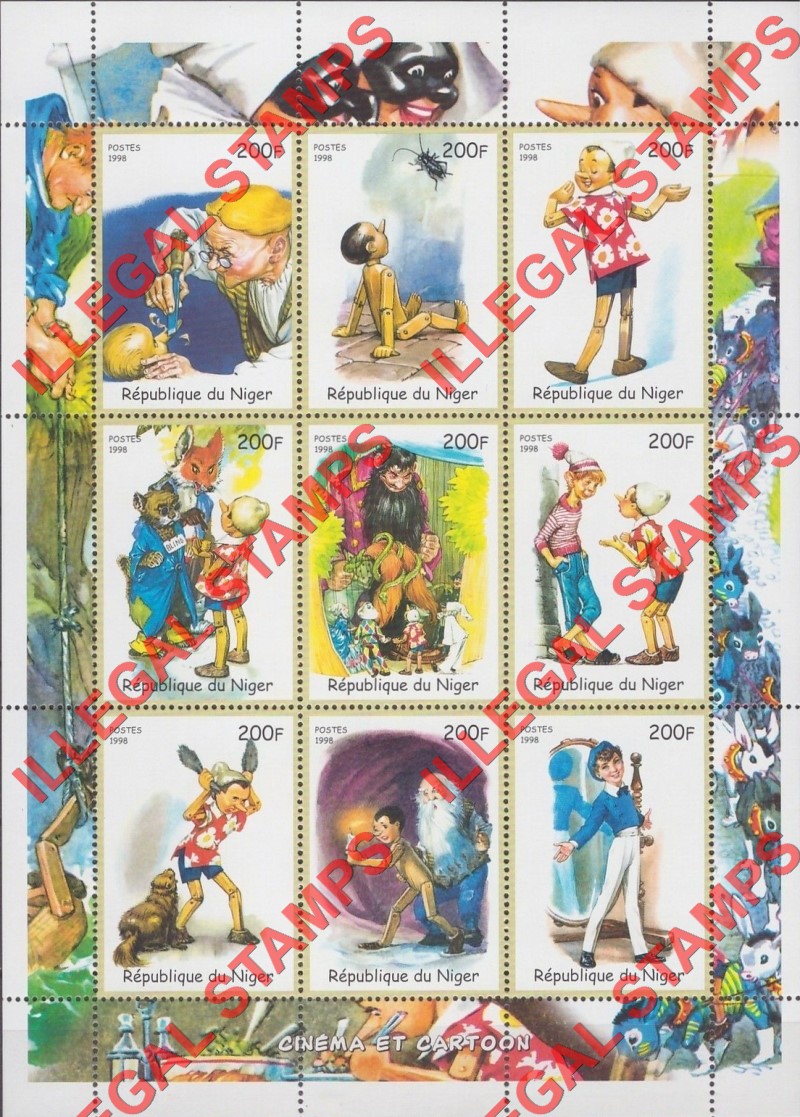 Niger 1998 Pinocchio Illegal Stamp Souvenir Sheet of 9