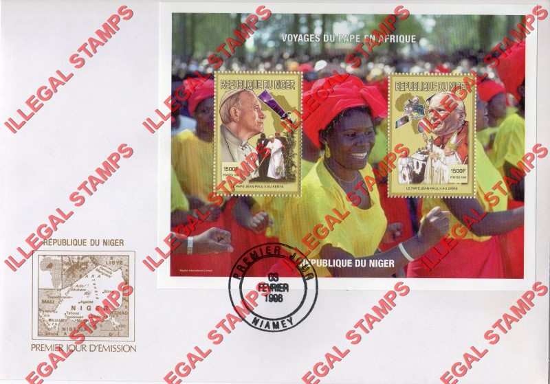 Niger 1998 Pope John Paul II Visit to Africa Illegal Stamp Souvenir Sheet of 2 on Fake First Day Cover