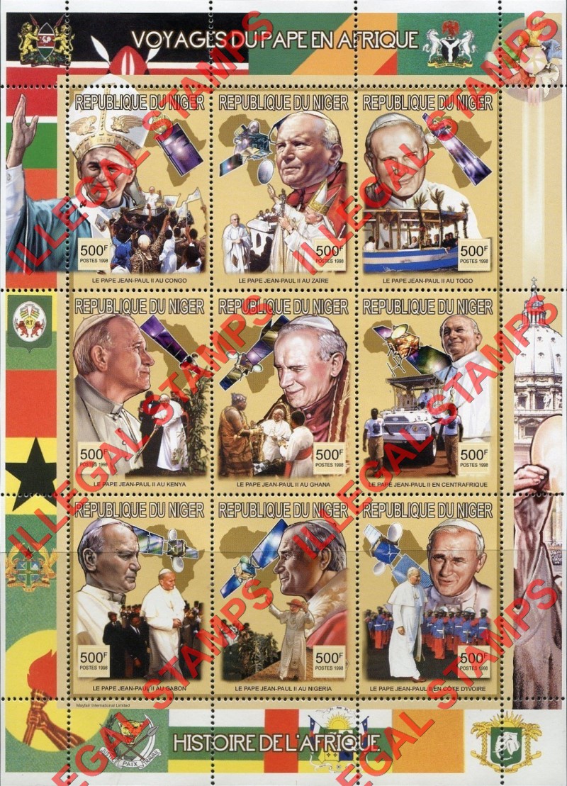 Niger 1998 Pope John Paul II Visit to Africa Illegal Stamp Souvenir Sheet of 9