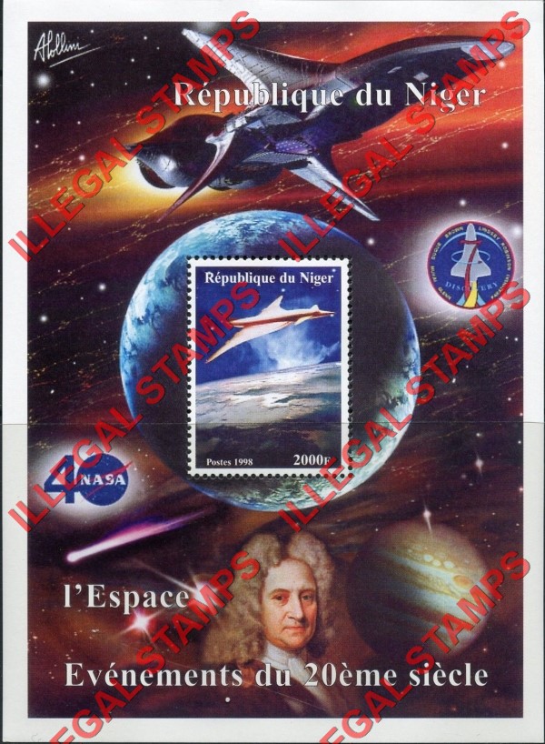 Niger 1998 Space Events in the 20th Century Halley's Comet 2000fr Futuristic Spacecraft Lollini Illegal Stamp Souvenir Sheet of 1