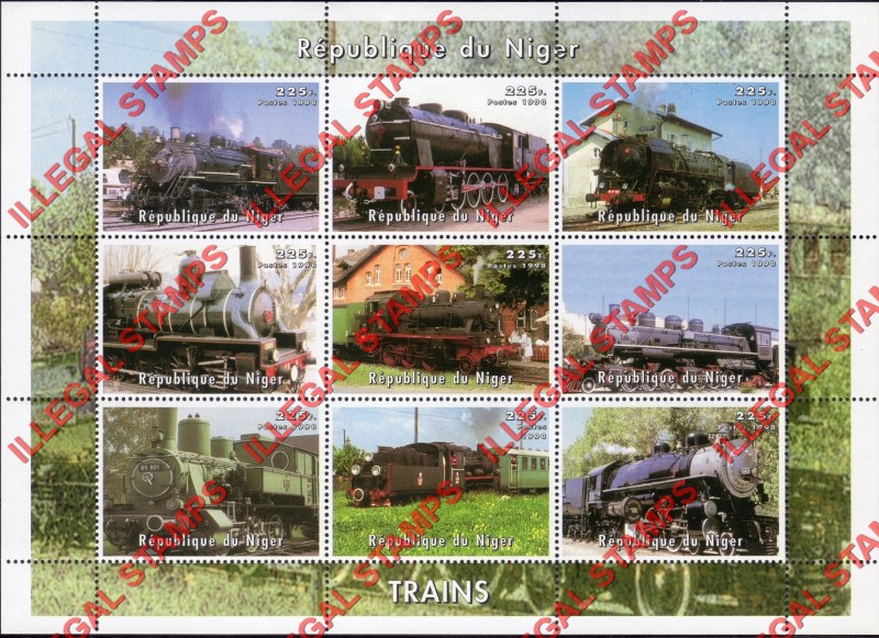 Niger 1998 Trains Illegal Stamp Souvenir Sheet of 9