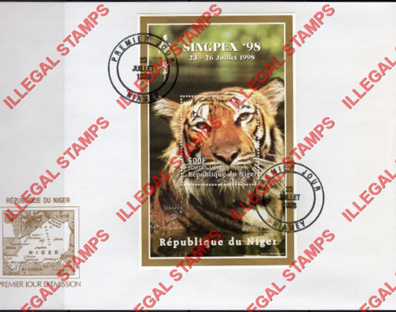 Niger 1998 Year of the Tiger 500fr Inscribed SINGPEX '98 Illegal Stamp Souvenir Sheet of 1 on Fake First Day Cover